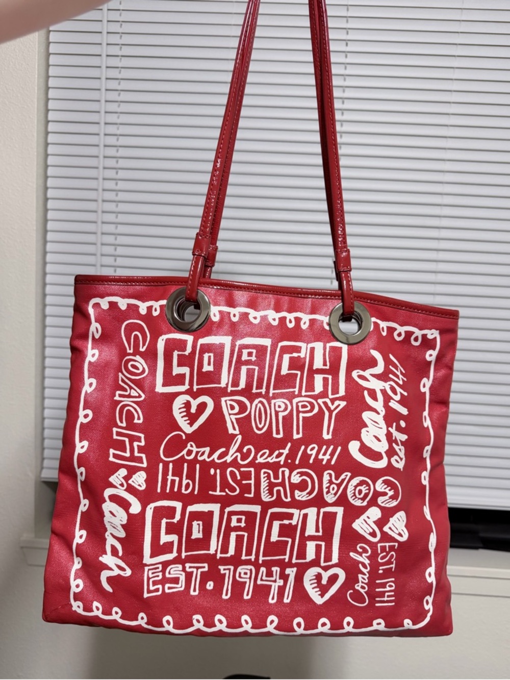 COACH Evie Slim Patent Poppy Red Logo Canvas Tote Bag Y2K 2009 Vintage SEE FLAW